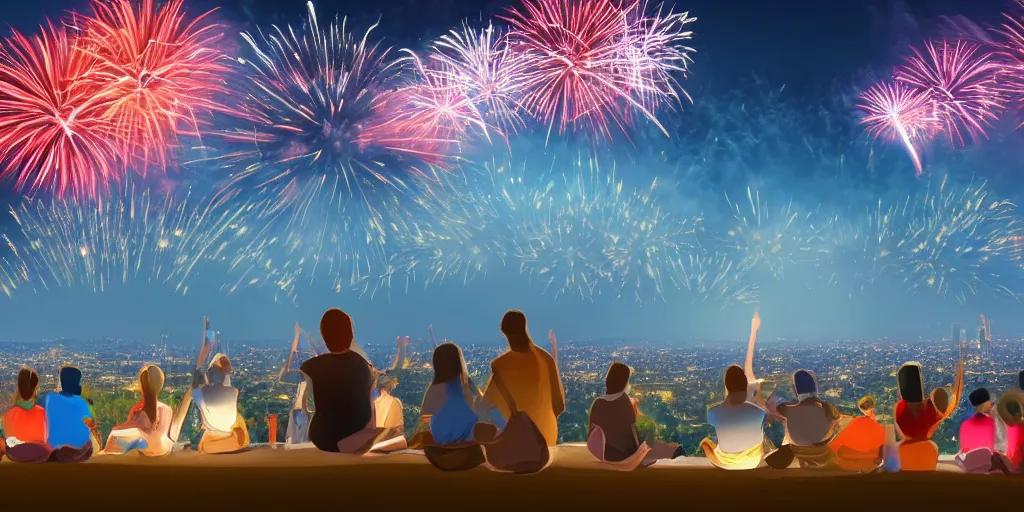 Image similar to people sitting on a hill watching fireworks over los angeles, artstation, vivid colors, detailed