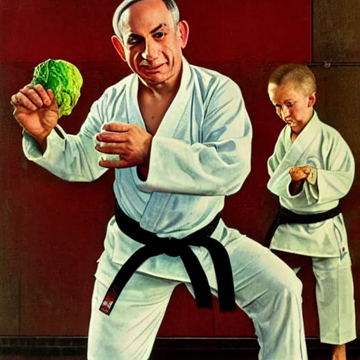 Image similar to benjamin netanyahu karate chopping a cabbage while wearing karate uniform, by norman rockwell, highly detailed