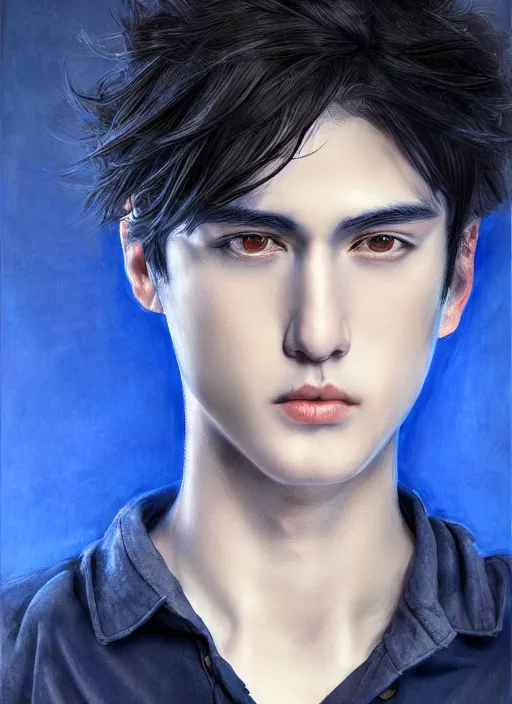 Image similar to handsome young man with short black hair, male, dressed in blue, looking down, half body shot, arms down, path traced, highly detailed, high quality, digital painting, ayami kojima