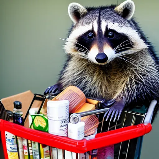 Image similar to happy raccoon pushing a grocery cart filled with medical supplies, a laptop and a face mask