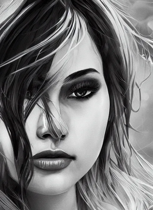 Prompt: up close portrait of a beautiful woman in black and white, art by diego fazio and diegoKoi and oscar Ukono, concept art, sharp focus, artgerm, 8k highly detailed