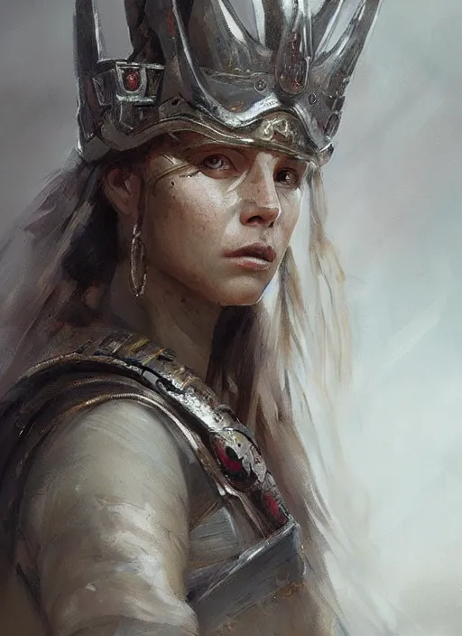 Image similar to A portrait painting of a beautiful warrior queen in the style of Greg Rutkowski, in style of Charles Sillem Lidderdale, artstation, high quality art