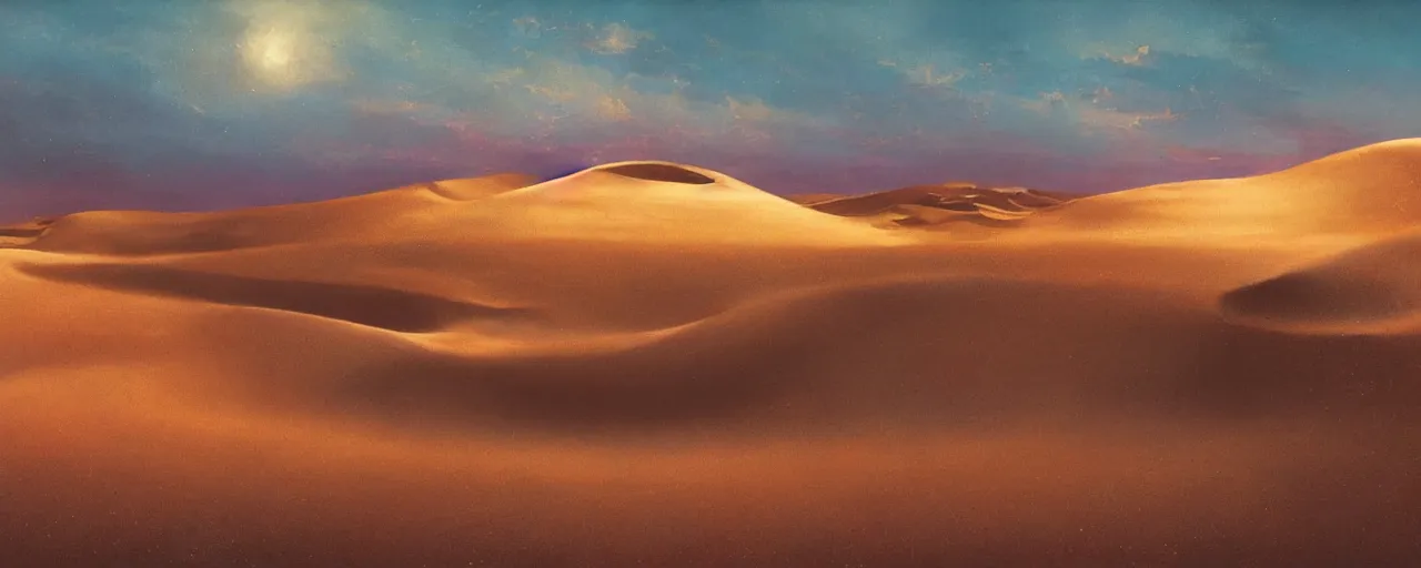 Image similar to ” endless sand dunes, [ art by paul lehr, cinematic, detailed, epic, widescreen, opening, establishing, mattepainting, photorealistic, realistic textures, octane render ] ”