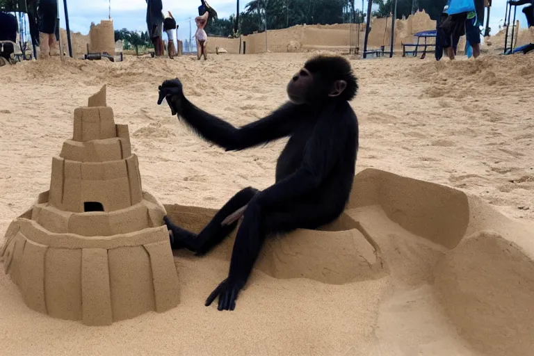 Prompt: a monkey touching a completed sand castle