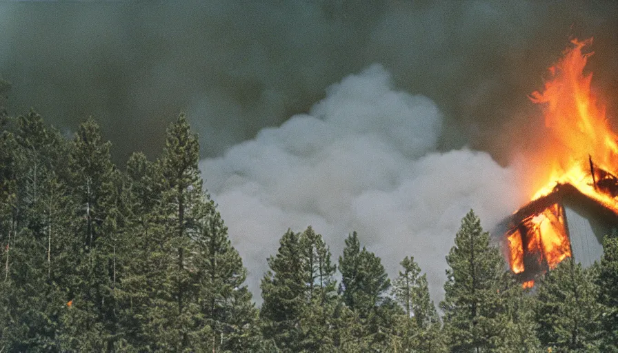 Image similar to 1 9 7 0 s movie still of a heavy burning house on a mountain with pine forest, cinestill 8 0 0 t 3 5 mm, high quality, heavy grain, high detail, texture, dramatic light, ultra wide lens, panoramic anamorphic, hyperrealistic