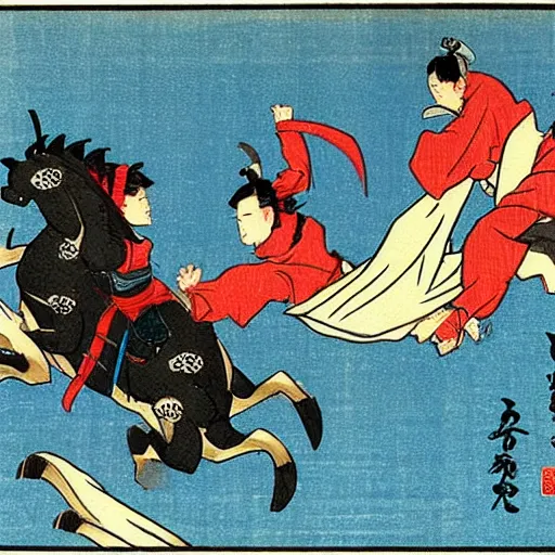 Prompt: ninjas jumping off horses to fight samurai manga style ukiyoe style