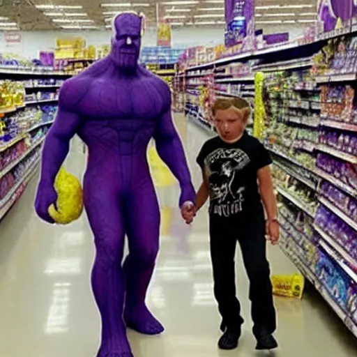 Image similar to thanos looking for his mom at walmart