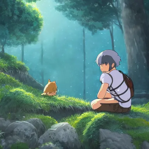 Prompt: friendly guy and small creature , with Fragile looking character portrait face made in Studio Ghibli artstyle ,highly detailed art, beautiful scene, sharp focus, smooth, 8k, anime art, fantasy, style in ghibli anime style, fantasy, island, forest with animals 8k