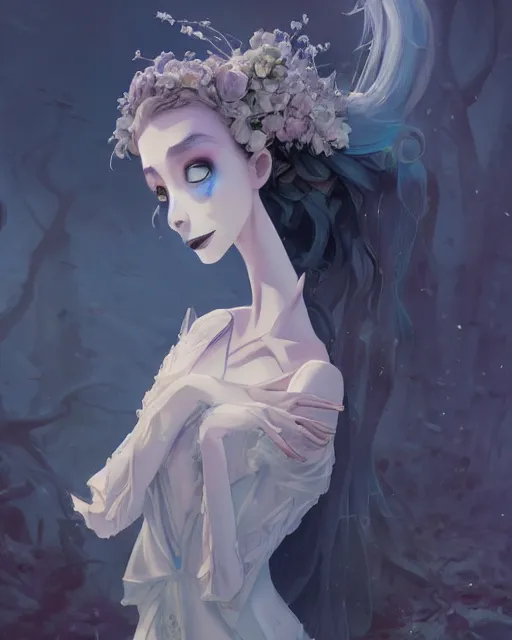 Prompt: still film, elegant mysterious gracious undead victoria everglot from the corpse bride if made by krenz cushart and wenjun lin, portrait, illustration, rim light, top light, summer clear blue sky, perfectly shaded, soft painting, epic, intricate, art