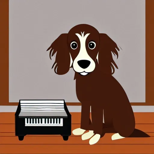 Prompt: a brown spaniel with a white chest , sat down playing a grand piano.modern. Cartoon. Artwork. no text