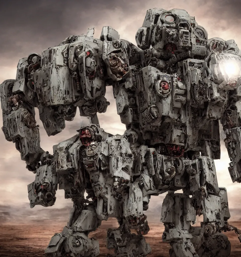 Image similar to cinematic still of a zombie heavy mech military space marine, by kow yokoyama, maschinen krieger, hobby japan, stormy post apocalyptic desert, highly detailed, 3 5 mm, shot with canon 5 d mark ii, face detail, rob bottin, rick baker, jordu schell, artstation, cg society, soft illumination