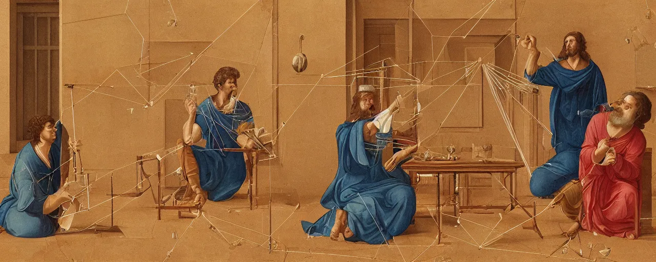 Image similar to the greek mathematician euclid discovering geometry with spaghetti, 3 0 0 bce, kodachrome, in the style of wes anderson, retro