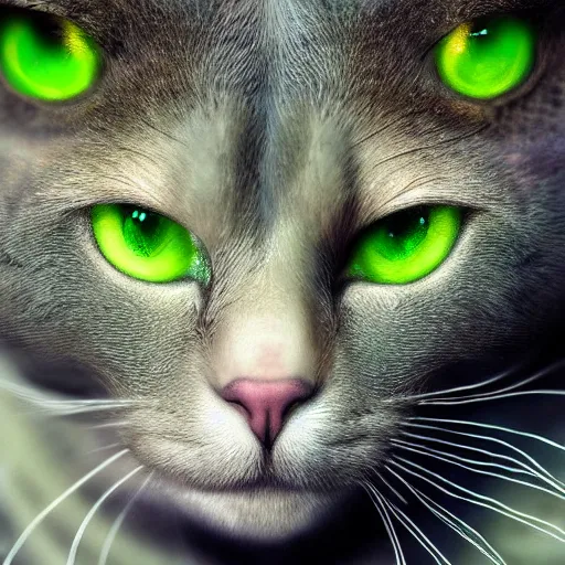 Image similar to beautiful fantasy portrait of a devil cat with green eyes, high detail, fantasy art, concept art, 4 k, ultra detail, computer art