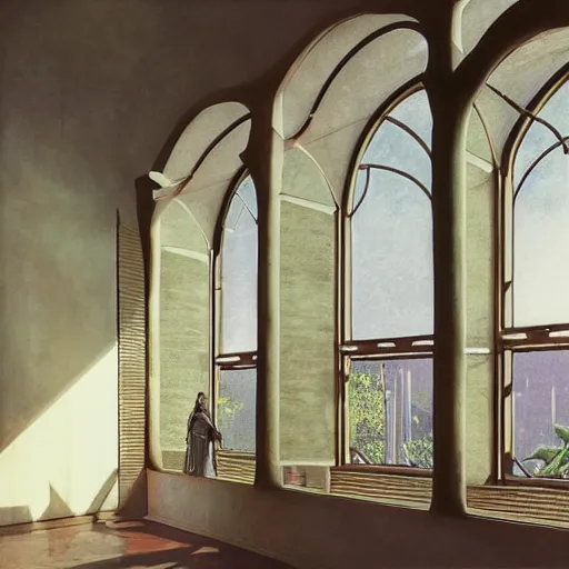 Image similar to 70s interior with arched windows, natural sunlight, summer, hanging plants, cinematic, cyberpunk, lofi, calming, dramatic, fantasy, by Moebius, by zdzisław beksiński, Fantasy LUT, epic composition, sci-fi, dreamlike, surreal, angelic, cinematic, 8k, unreal engine, photorealistic, fantasy concept art,