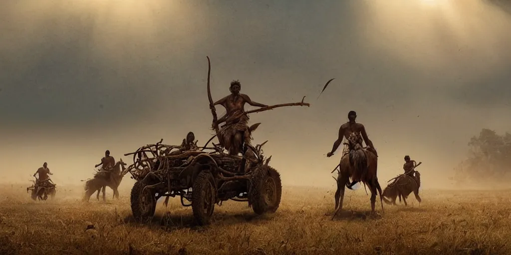 Prompt: photorealistic high speed photo ancient indian tribesman hunting on atv, wooden wheels, hunting buffalo herd ,attacking, chase, action scene, an epic fantasy, dramatic lighting, cinematic, establishing shot, extremely high detail, photorealistic, cinematic lighting, artstation, octane render, by simon stalenhag, horizon forbidden west,old photo, high speed photography, vintage, extreme sports