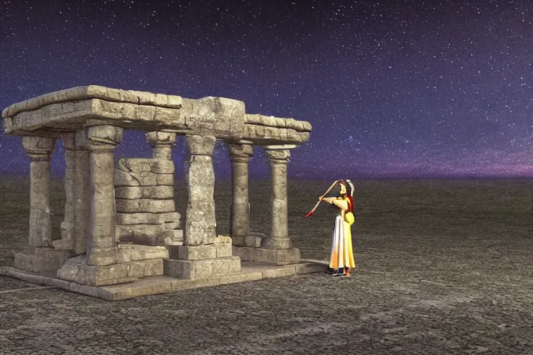 Image similar to Ġgantija megalithic temple complex malta priestess woman performing ritual at night druid fantasy art 3d render