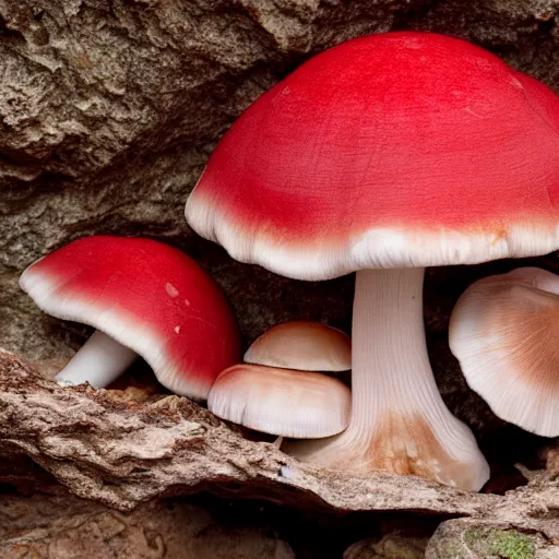 Prompt: a red cave mushroom that looks like raw meat