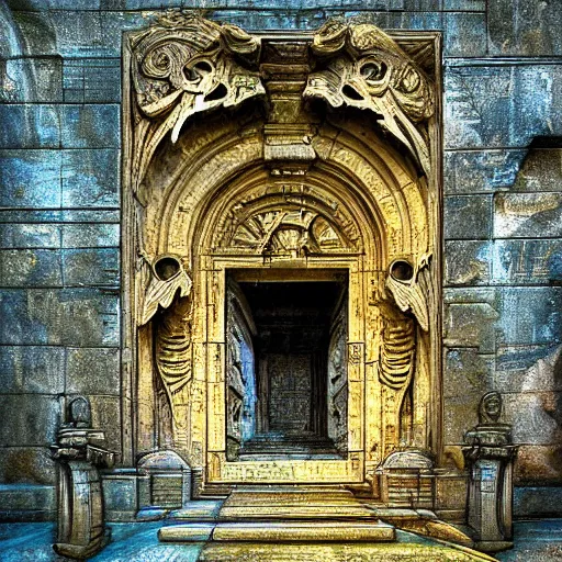 Image similar to carved futuristic door at the end of ancient ornate steps shows a large window to a city detailing the vast architectural scientific ancient and cultural acheivements of humankind, magical atmosphere, renato muccillo, jorge jacinto, andreas rocha, damian kryzwonos, ede laszlo, christian reiske, highly detailed digital art, cinematic blue and gold