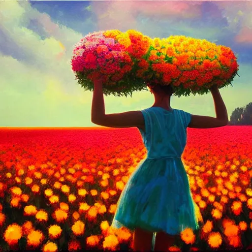 Image similar to head made of giant flowers, girl dancing in a vast flower field, arms behind back, surreal photography, sunrise dramatic light, impressionist painting, colorful clouds, large sky, digital painting, artstation, simon stalenhag, flower face