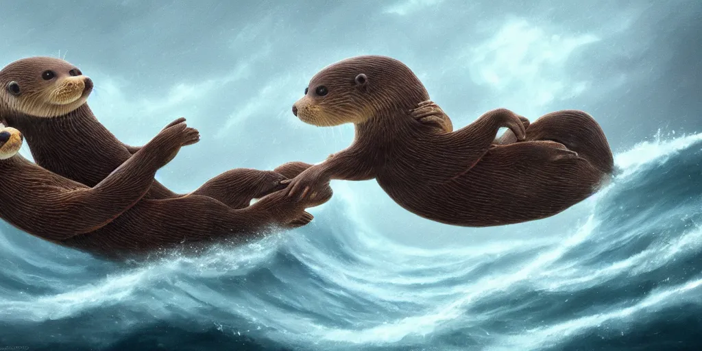 Image similar to Two adorable otters falling in love holding hands side by side, all alone in the middle of a scary storm at sea, fantasy illustration, cinematic, award winning, romantic, detailed trending on artstation, masterpiece