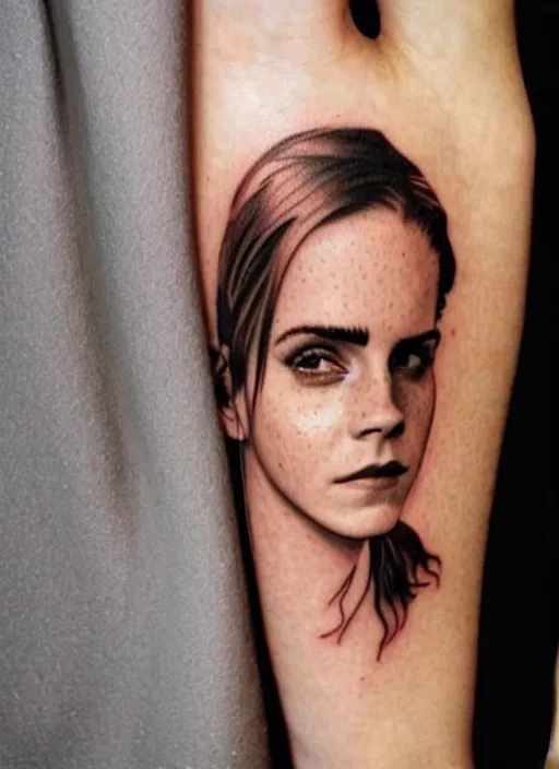 Image similar to emma watson, dope tattoo, hyperrealistic