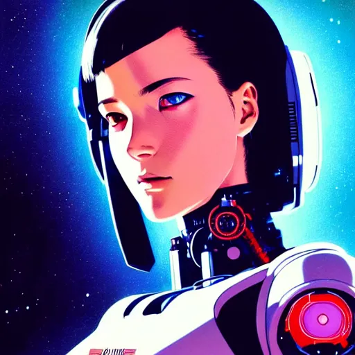 Image similar to side portrait scifi cyborg girl with robotic parts and spacesuit | | head only in center of image, audrey plaza, fine detail!! anime!! realistic shaded lighting!! poster by ilya kuvshinov katsuhiro otomo ghost - in - the - shell, magali villeneuve, artgerm, jeremy lipkin and michael garmash and rob rey