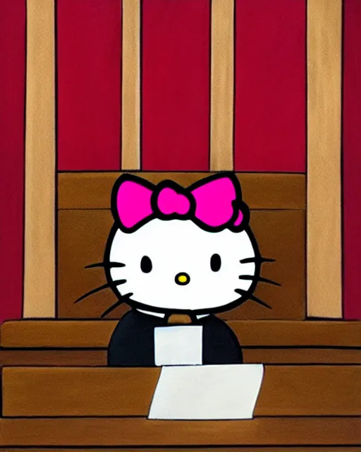 Image similar to Hello Kitty, in a courtroom, Dramatic painting