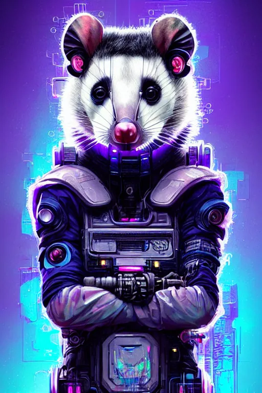 Image similar to a beautiful portrait of a cute cyberpunk opossum by sandra chevrier and greg rutkowski and wlop, purple blue color scheme, high key lighting, volumetric light, digital art, highly detailed, fine detail, intricate, ornate, complex, octane render, unreal engine, photorealistic