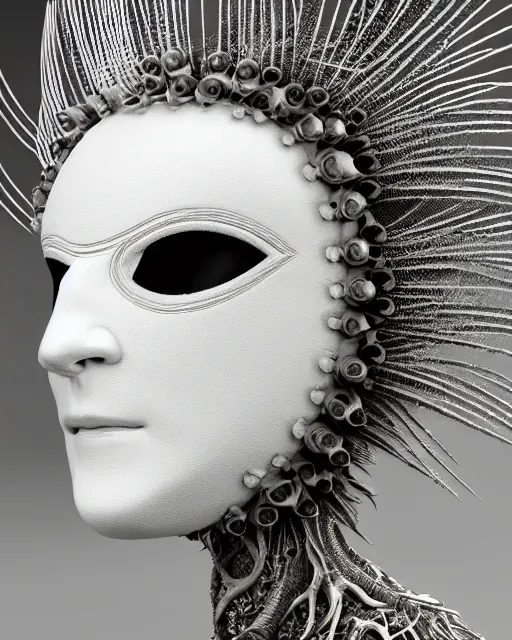 Prompt: bw close - up theatrical mask, beautiful porcelain intricate bio - mechanical vegetal - cyborg, white metallic armour, white peacock feathers, roots, fine mandelbrot fractal lace, 1 5 0 mm, soft rim light, elegant, hyper real, ultra detailed, octane render, hg giger, 1 6 k