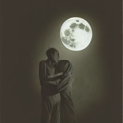 Prompt: looking at the full moon, transparent soul leaving the body, dave mckean, loischl