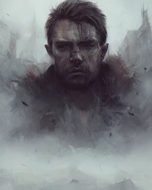 Image similar to battle hardened, charismatic, ruggedfallout 5 male character, face centered portrait, confident, ruined cityscape, fog, rain, volumetric lighting, illustration, perfectly shaded, soft painting, art by leesha hannigan, ross tran, thierry doizon, kai carpenter, ignacio fernandez rios