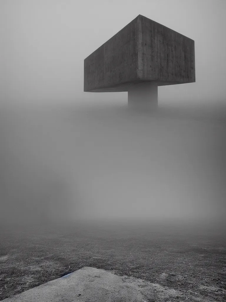 Image similar to High resolution black and white photograph with a 22mm F/12.0 lens of a Brutalist architectural building in Albania in the 1970s in the middle of a deserted nowhere while foggy and cloudy.