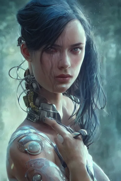 Image similar to ultra realistic illustration, dappled lighting, closeup portrait shot, perfect lighting, hacknaut cyberpunk, sci - fi, fantasy, intricate, elegant, deviantart, highly detailed, digital painting, artstation, concept art, smooth, sharp focus, illustration, art by artgerm and greg rutkowski and alphonse mucha