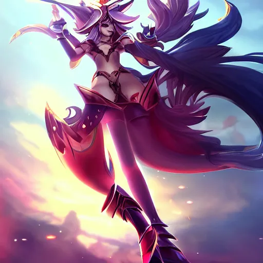 Image similar to Ahri from league of legends wearing knight armor, digital art, smooth lines, high res, amazing composition, splash art