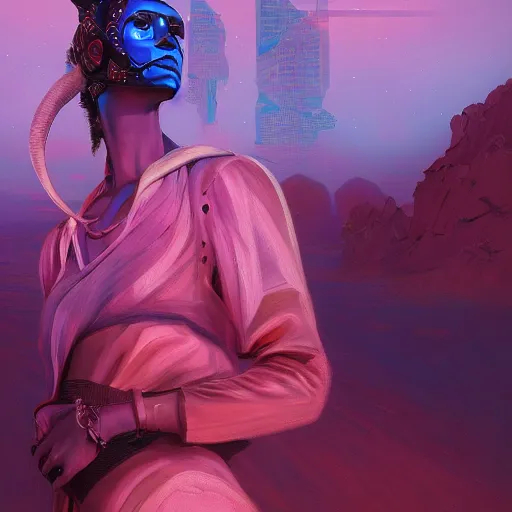 Image similar to colorful character portrait a woman in the desert at night, among the stars, set in the future 2 1 5 0, highly detailed face, very intricate, symmetrical, cinematic lighting, award - winning, painted by mandy jurgens, pan futurism, dystopian, bold colors, cyberpunk, groovy vibe, anime aesthetic, featured on artstation