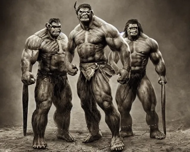 Image similar to hyper realistic group vintage photograph of a warrior orc tribe, tall, muscular, hulk like physique, tribal paint, tribal armor, grain, old