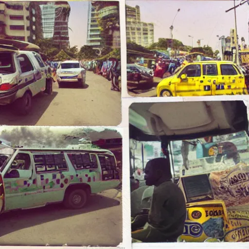 Image similar to old polaroids of futuristic african mobile market places in lagos traffic, side of taxi as fruit stand, digital advertising screens