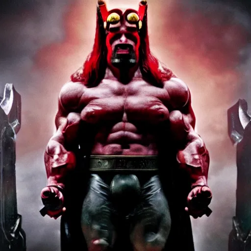 Prompt: arnold Schwarzenegger as Hellboy, still from movie, detailed, 4k