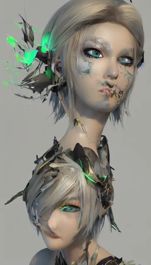 Prompt: render beautiful 3 d anime woman with short silver hair, blue eye and green eye, black tribal dress, highly detailed, trending on artstation, blender, cinematic color grading