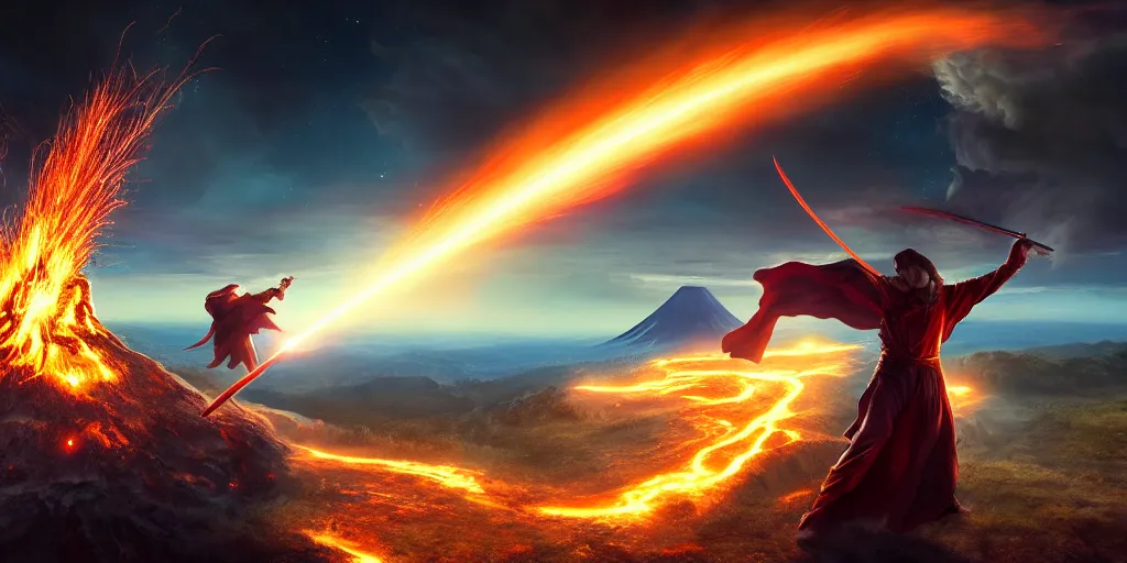 Prompt: levitating wizard wielding a sword, opening a shining portal, night sky, horizon of an erupting volcano, 4 k, ultra realistic, detailed, epic lighting, high detail, masterpiece, trending on artstation