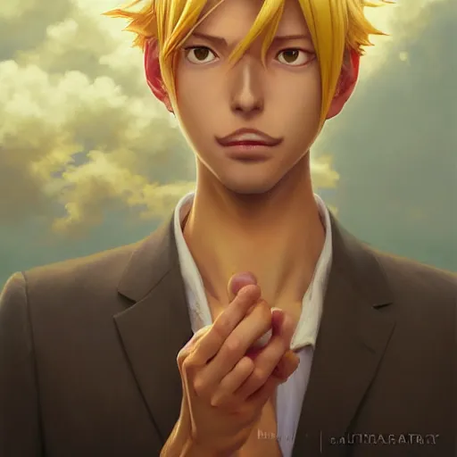 Image similar to highly detailed vfx portrait of serene sanji by eiichiro oda, blonde hair, stephen bliss, greg rutkowski, rhads, makoto shinkai, tom bagshaw, alphonse mucha, sharp focus, art by artgerm, greg rutkowski, stanley kubrick, backlit, harsh overhead sunlight, matte, johannes vermeer,