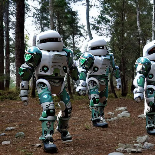 Image similar to a squad of space scouts wearing camo uniforms with white armor and helmets and a tall robot exploring a forest planet