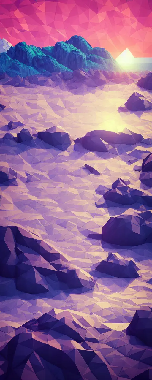 Prompt: super detailed color lowpoly art, northern sunset with rocks on front, monochrome photorealistic bay in the middle of perspective and mountains at background, big graphic ship in random point of bay, unreal engine, high contrast color palette, 3 d render, lowpoly, colorful, digital art, perspective, robb cobb