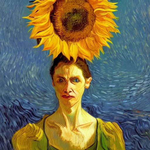 Image similar to closeup, giant sunflower head, woman standing in a room, surreal, dramatic light, impressionist painting, digital painting, artstation, van gogh