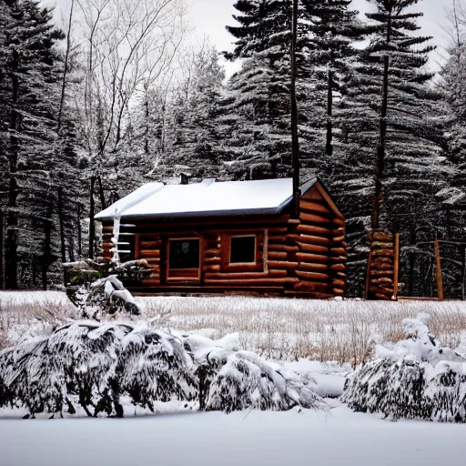 Prompt: log cabin, snow, forest, lake, one room with light on, rule of thirds