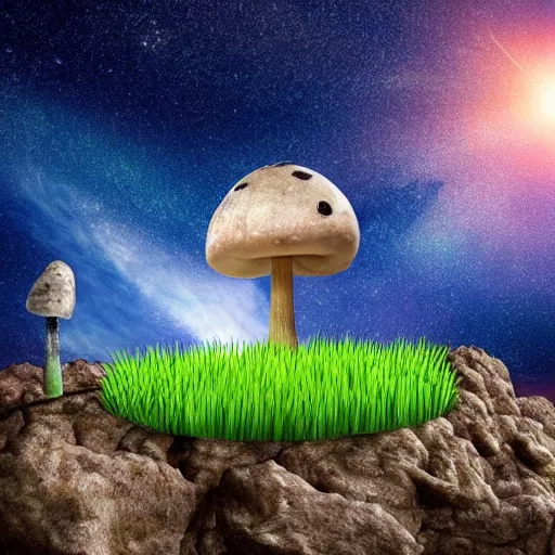 Prompt: a boulder with grass in the middle of the screen, on the boulder stands an astronaut ramming a flag in the shape of a mushroom into the ground, in the background you can see stars and a planet, at the edge of the picture are colorful clouds