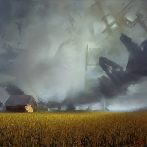 Prompt: reality tearing itself apart on a small corn farm, ominous, end of world, craig mullins