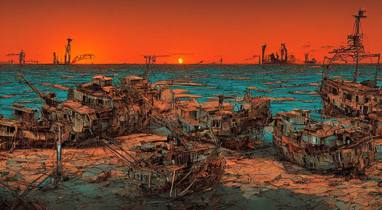 Prompt: abandoned ships in the aral sea desert, setting sun, by Dan Mumford and Peter Doig, photorealistic, 4k, very detailed