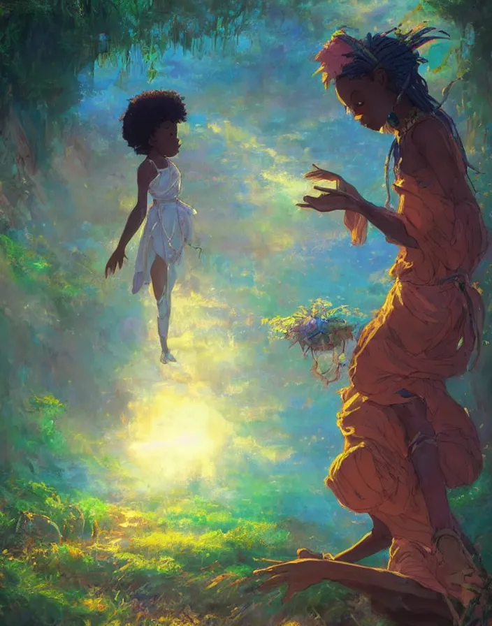 Image similar to african princess giving an offering to a heavenly being, environment concept art, ethereal anime, high detail impressionist style, dreamy light color palette, style of studio ghibli and moebius, concept art stunning atmosphere, trending on artstation, volumetric light