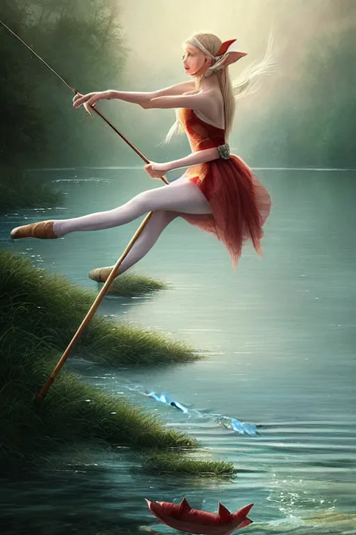 Image similar to elegant elf ballerina fishing in lake, highly detailed, d & d, fantasy, highly detailed, digital painting, trending on artstation, concept art, sharp focus, illustration, global illumination, ray tracing, realistic shaded, art by artgerm and greg rutkowski and fuji choko and viktoria gavrilenko and hoang lap